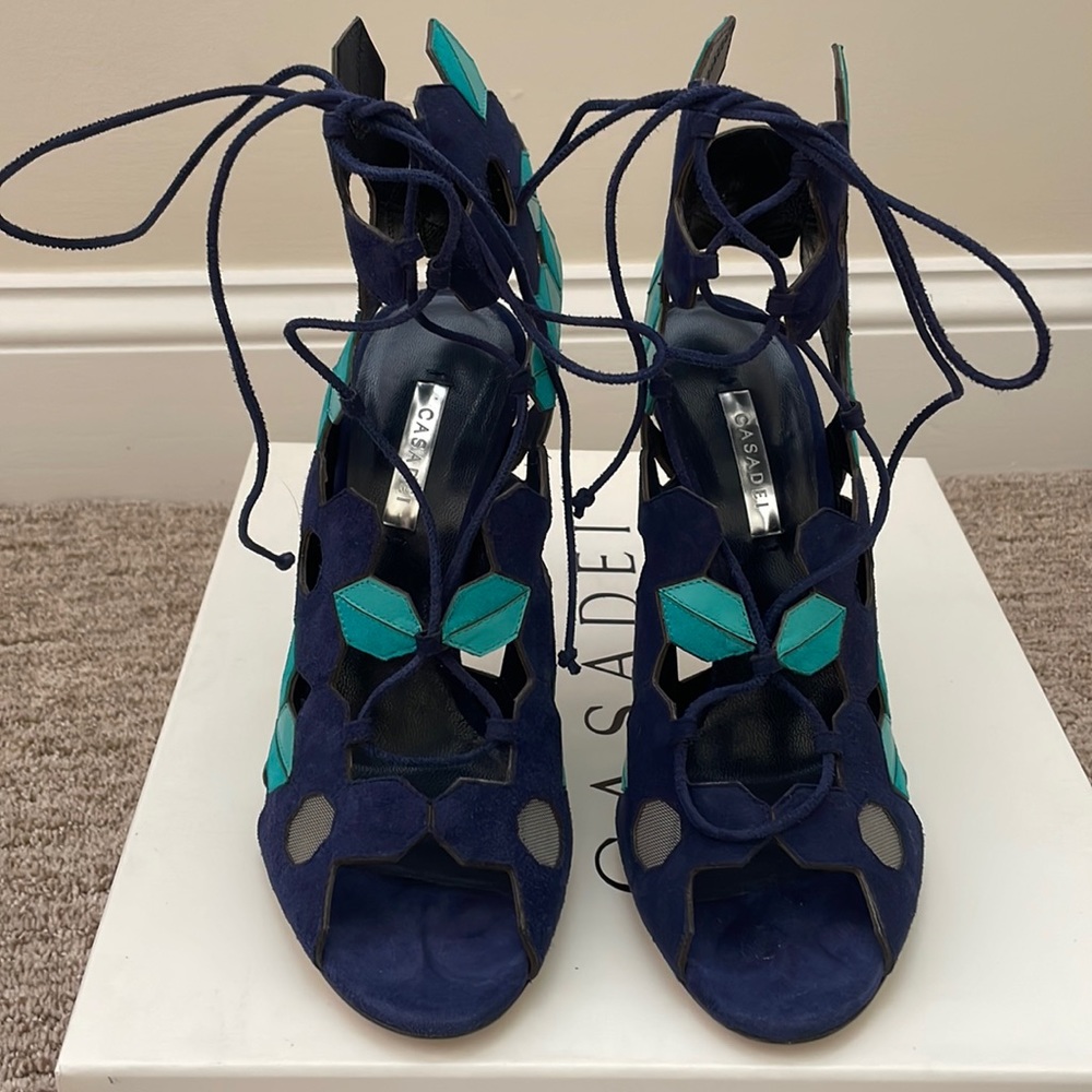 Casadei Navy Suede Lace-Up Cutout Heels with Teal Accents